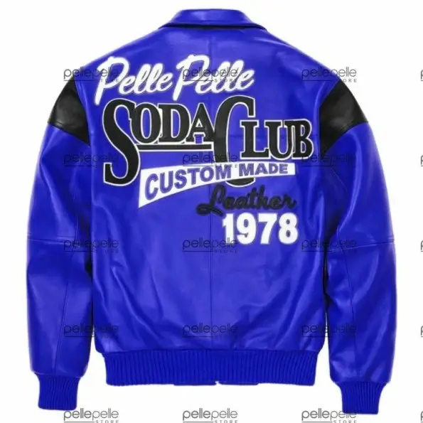 Pelle Pelle Navy Blue Soda Club Leather Jacket Pelle Pelle Navy Blue Soda Club Leather Jacket with genuine leather, satin lining, and embroidered Soda Club logo.