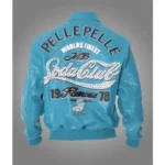 Pelle Pelle Soda Club Turquoise Jacket Turquoise Pelle Pelle Soda Club Jacket with embroidered back logo Side view of Pelle Pelle Soda Club Turquoise Leather Jacket