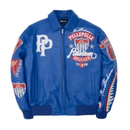Pelle Pelle American Bruiser Blue Leather Jacket Front view of Pelle Pelle American Bruiser Blue Leather Jacket Back embroidery on Pelle Pelle American Bruiser Blue Jacket Close-up details of American Bruiser Pelle Pelle Blue Leather Jacket