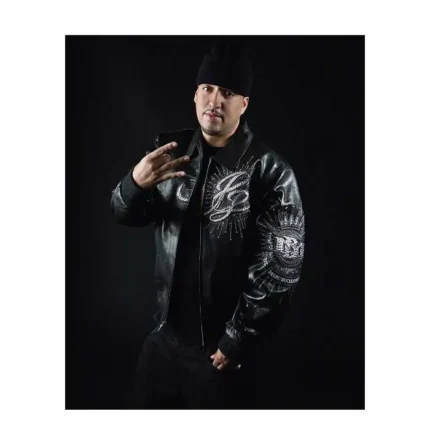 Pelle Pelle MB 35th Anniversary Black Jacket Front view of Pelle Pelle MB 35th Anniversary Black Jacket Close-up details on Pelle Pelle MB Black Anniversary Jacket