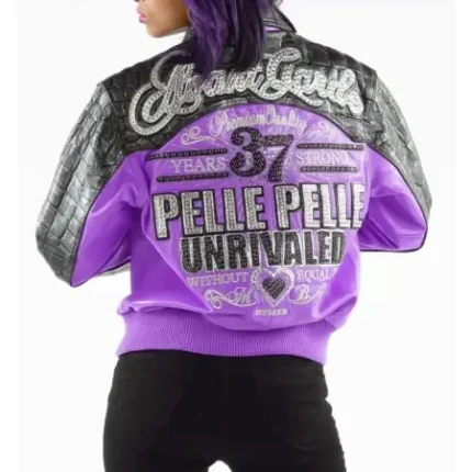 Pelle Pelle Garde 37 Years Strong Purple Leather Jacket in royal purple with embroidered artwork and premium leather finish.