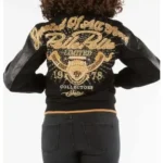 Pelle Pelle Black Varsity Jacket Greatest Of All Time with wool body, leather sleeves, and embroidered design.