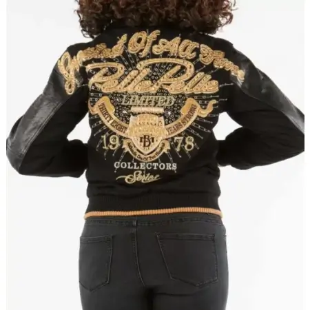 Pelle Pelle Black Varsity Jacket Greatest Of All Time Pelle Pelle Black Varsity Jacket Greatest Of All Time with wool body, leather sleeves, and embroidered design.