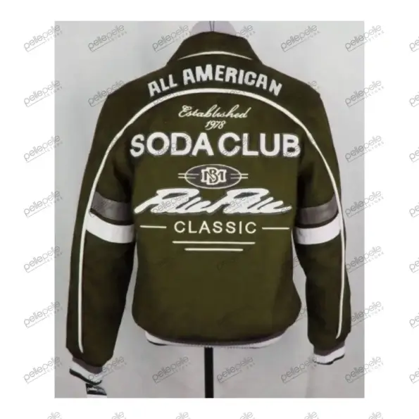 Pelle Pelle Olive All American Jacket Pelle Pelle Olive All American Jacket crafted from 100% genuine plush leather with satin lining, embroidered logo, and two-layer leather artwork.