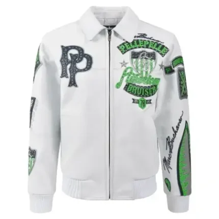 Pelle Pelle American Bruiser White Leather Jacket Front view of Pelle Pelle American Bruiser White Leather Jacket Back embroidery of American Bruiser White Pelle Pelle Jacket Model wearing Pelle Pelle American Bruiser White Jacket streetwear style