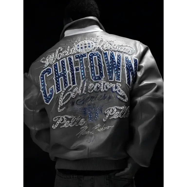 Pelle Pelle Grey Chi-Town Leather Jacket Pelle Pelle Grey Chi-Town Leather Jacket Front view of Pelle Pelle Grey Chi-Town Leather Jacket Model styling Pelle Pelle Grey Chi-Town Leather Jacket streetwear look