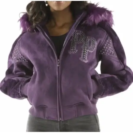 Pelle Pelle Women Purple Fur Hood Wool Jacket Pelle Pelle Women Purple Fur Hood Wool Jacket with premium wool, satin lining, and fur hood for stylish winter fashion.