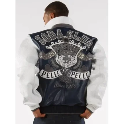MB Pelle Pelle Soda Club Blue Jacket crafted from 100% genuine plush leather with satin lining, embroidered logo, and two-layer leather artwork.