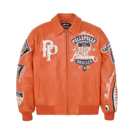 Pelle Pelle American Bruiser Orange Leather Jacket Pelle Pelle American Bruiser Orange Leather Jacket Front view of Pelle Pelle American Bruiser Orange Leather Jacket Back embroidery of American Bruiser Pelle Pelle Orange Jacket Model styling Pelle Pelle American Bruiser Orange Jacket streetwear look
