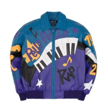 Pelle Pelle Hip Hop Blue Purple Leather Jacket Front Authentic Pelle Pelle Blue & Purple Streetwear Jacket Pelle Pelle Hip Hop Jacket with Embroidery Artwork