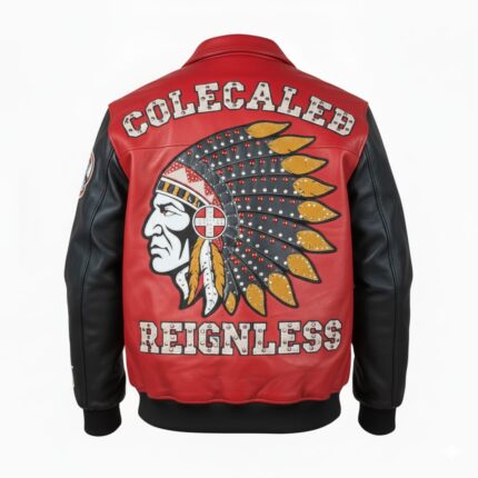 ColeCaleb Reignless Leather Jacket Back View with Embroidered Design