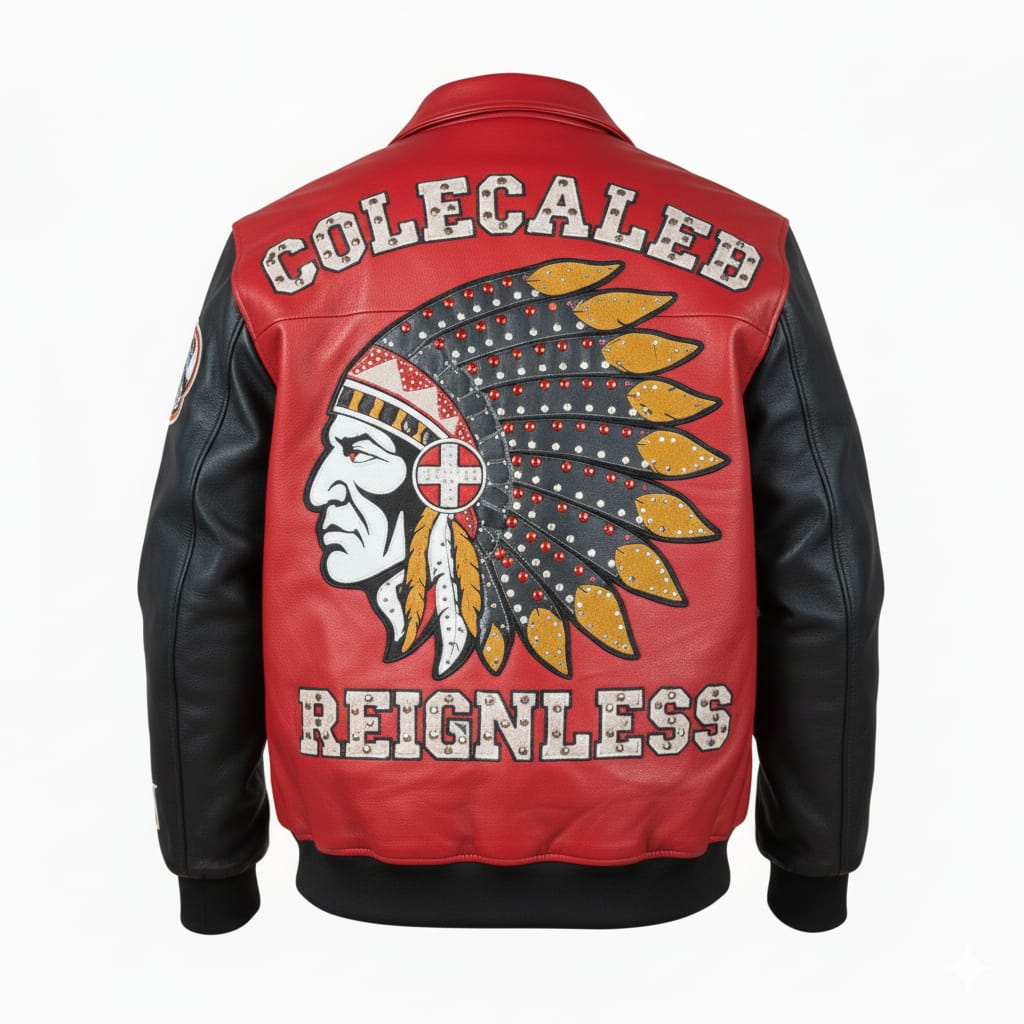 ColeCaleb Reignless Leather Jacket Back & Black ColeCaleb Reignless Leather Jacket Back View with Embroidered Design